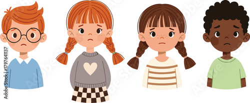 Sad diverse children illustration, emotional kids portrait, cartoon group with worried faces, empathy concept, childhood emotions, multicultural concern artwork