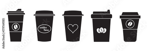 A versatile set of takeaway coffee cup icons, featuring different lid styles, coffee bean logos, and whipped cream toppings. Designed in both outline and filled styles, perfect for cafes, branding.