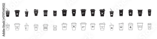 Coffee cup icons vector set in line and flat style. Disposable coffee cup. Coffee paper cup, plastic container for hot and cold drink, juice, tea, cocoa and other. Vector illustration