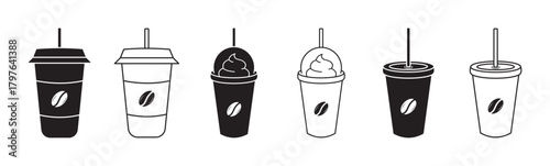 Coffee cup icons vector set in line and flat style. Disposable coffee cup. Coffee paper cup, plastic container for hot and cold drink, juice, tea, cocoa and other. Vector illustration