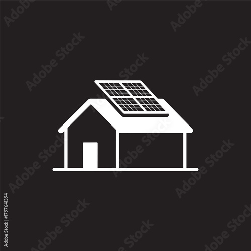 A minimalist white icon on a black background depicts a house with solar panels installed on its roof, symbolizing renewable energy.