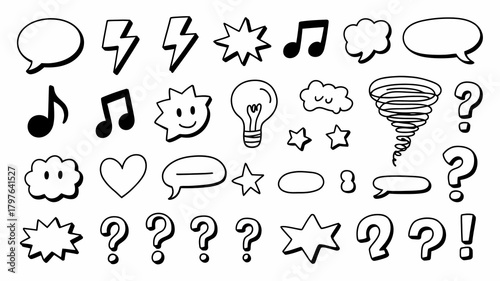 Hand-drawn doodle icon set with speech bubbles, lightning bolts, musical notes, stars, question marks, and light bulbs on white.