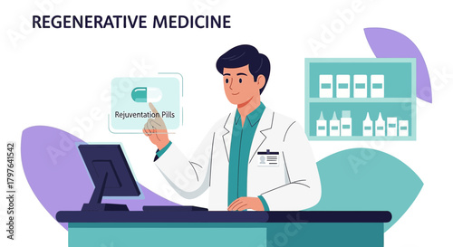 Innovative medical professional exploring regenerative medicine on a touch screen interface