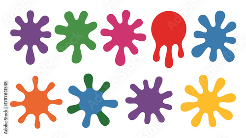 Vibrant collection of colorful paint splatters and ink blots, liquid drops and abstract shapes, fun artistic design elements illustration set