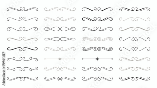 Set of elegant black and golden ornate text dividers, calligraphic flourishes, and scroll elements for vintage design accents.