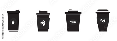 A versatile set of takeaway coffee cup icons, featuring different lid styles, coffee bean logos, and whipped cream toppings. Designed in both outline and filled styles, perfect for cafes, branding.
