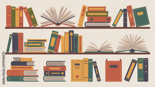 Collection of diverse colorful books neatly arranged on wooden shelves in an educational library or bookstore setting, flat vector illustration.