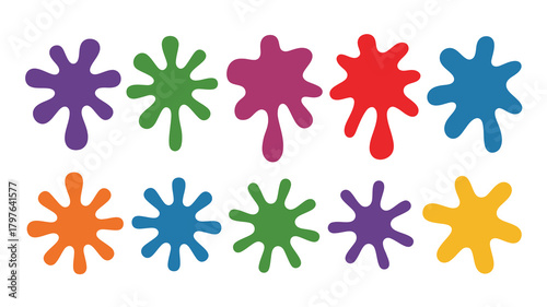 Vibrant collection of abstract colorful paint splatters, dynamic irregular blobs, and playful graphic shapes for creative design elements.