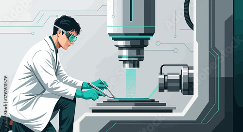 Innovative nanotechnology research scientist using advanced equipment for microchip manufacturing