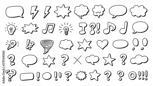 Hand-drawn expressive doodle icons collection, perfect for various creative graphic design projects and digital art needs.