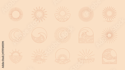 Boho celestial and ocean waves line art icon collection. minimalist mystical sun, moon, and sea vector illustrations in modern style.