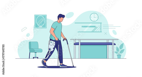 Innovative prosthetic technology assists a man with mobility in a therapy session setting