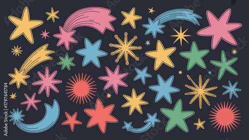 Whimsical hand drawn star and shooting star doodle pattern background, colorful celestial elements on a vibrant night sky canvas