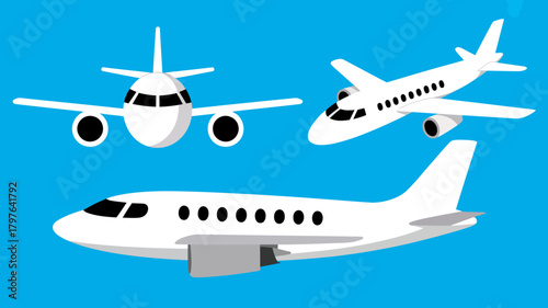 Collection of white airplanes and private jets in various perspectives, representing air travel, global transport, and modern aviation concepts.