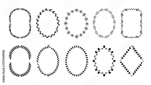 Collection of hand-drawn doodle frames with organic leaf and floral patterns. versatile vector elements for decorative designs, invitations, and rustic crafts.