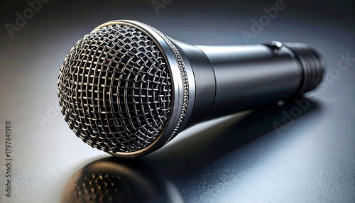 Black handheld microphone with mesh grille on dark surface