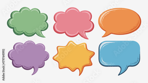 Colorful diverse speech bubbles and thought balloons set with unique shapes and rough texture, ideal for communication concept designs
