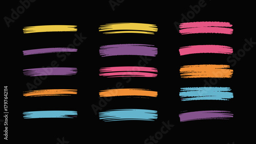 Vibrant collection of hand-drawn brush strokes with textured edges, showcasing a range of colorful paint marks for artistic designs.