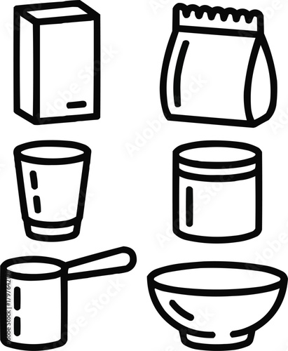 Cereal Packaging Outline Icons Set Box, Bag, and Single Serve Cup