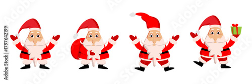 Christmas Santa Set. Happy Santa carrying Christmas gift bag. Funny and cute character Santa Claus.