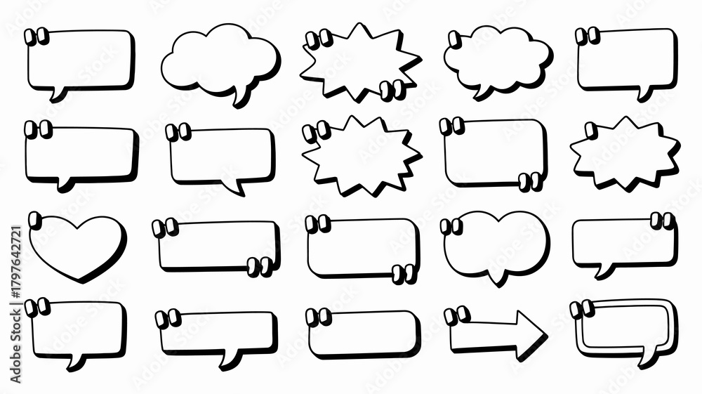 Obraz premium Set of hand-drawn speech and thought bubbles, diverse quote boxes in doodle style with quotation marks for text and conversation design