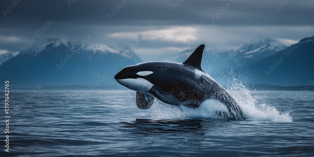 Fototapeta premium Stunning Orca Breaching in Calm Ocean Waters with Scenic Background of Mountainous Landscape under Cloudy Sky