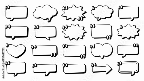 Set of hand-drawn speech and thought bubbles, diverse quote boxes in doodle style with quotation marks for text and conversation design