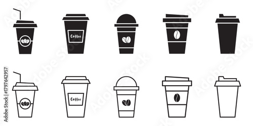 Coffee cup icons vector set in line and flat style. Disposable coffee cup. Coffee paper cup, plastic container for hot and cold drink, juice, tea, cocoa and other. Vector illustration