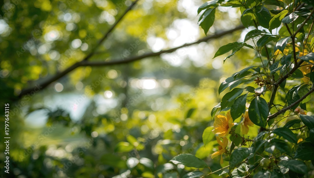 Naklejka premium New treetop and blurred texture backdrop, suitable for editorial header backgrounds