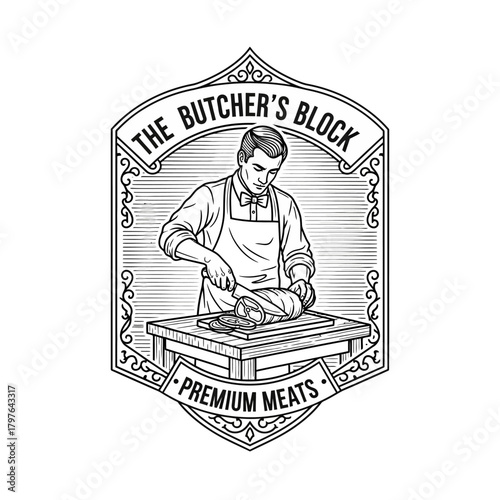 Butcher cutting meat premium meats logo emblem vintage style.