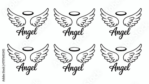Outline drawing of elegant angel wings with a halo and script 'angel' text, perfect for spiritual, remembrance, and heavenly design elements and creative projects
