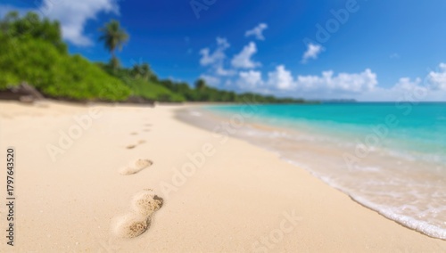 Fototapeta Naklejka Na Ścianę i Meble -  Blurred natural background of a tropical beach with wet sand footprints, summer vacation theme