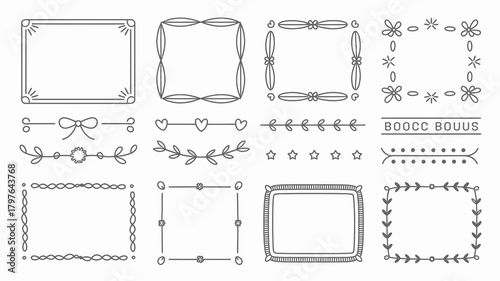 Hand drawn doodle frames and borders with various decorative elements and text dividers, perfect for scrapbooking, cards, invites, and notes.