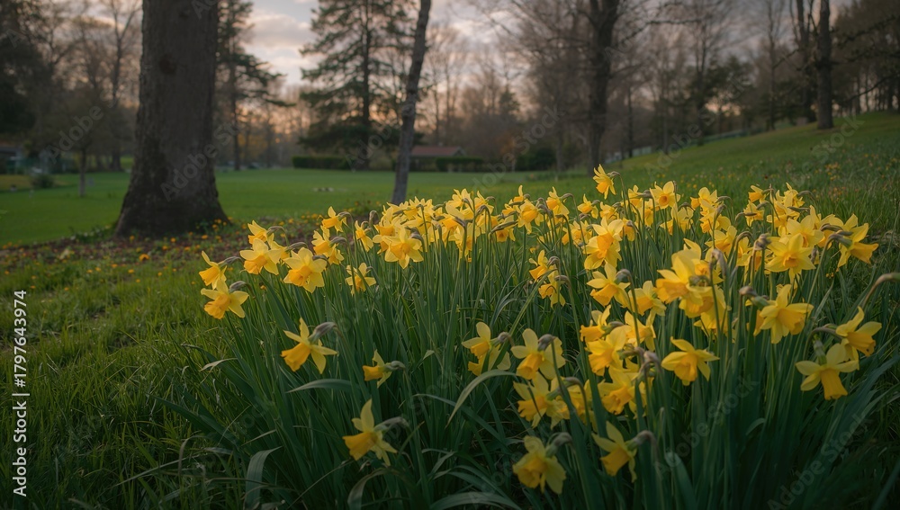 Obraz premium Daffodil fields bloom brightly at the park's perimeter, seasonal change