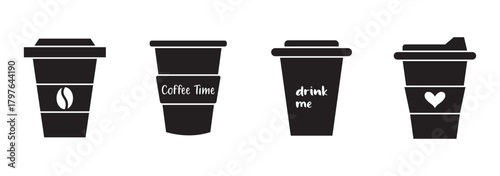 A versatile set of takeaway coffee cup icons, featuring different lid styles, coffee bean logos, and whipped cream toppings. Designed in both outline and filled styles, perfect for cafes, branding.