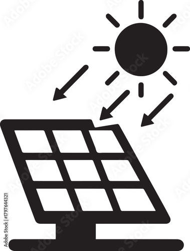 A black and white icon depicting the sun's rays hitting a solar panel, symbolizing renewable energy production.