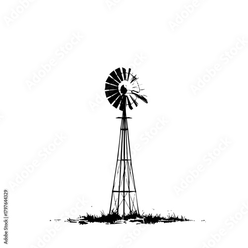 Vintage black and white windmill illustration for agriculture and rural landscape design concept art usage