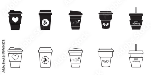 Coffee cup icons vector set in line and flat style. Disposable coffee cup. Coffee paper cup, plastic container for hot and cold drink, juice, tea, cocoa and other. Vector illustration