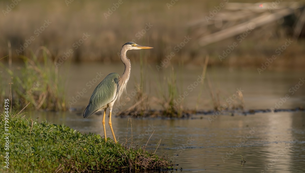 Fototapeta premium A Green Heron perched by a pond, observing its surroundings, wildlife interaction