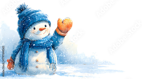 A friendly snowman with a blue scarf and hat stands in a snowy setting and waves cheerfully at winter onlookers