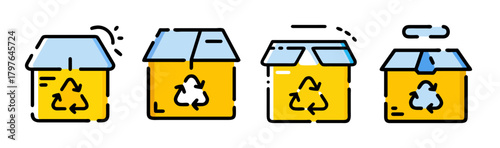 Recycling cardboard boxes, delivery and package symbols set icon