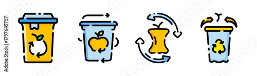 Organic waste recycling and composting icons set for eco-friendly solutions