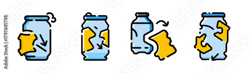 Recycling process icon set: waste management & container transformation