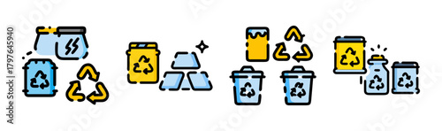 Recycling, waste management icons: battery, gold, trash, eco symbols.