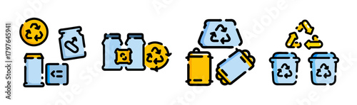 Recycling symbols and waste items for environmental sustainability