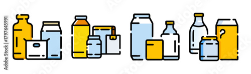 Food and drink packaging set, various containers, bottles, jars vector art