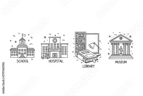 Four iconic structures: school, hospital, library, museum illustrations
