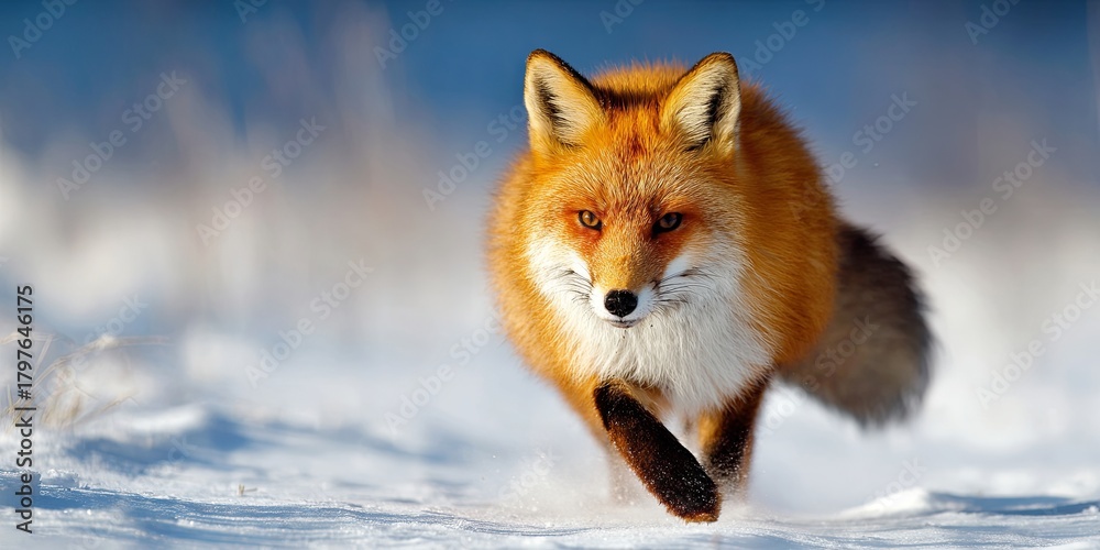 Naklejka premium Red fox running through snowy landscape in winter, showcasing its vibrant fur and alert expression in natural habitat under clear blue sky