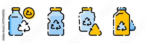 Recycling process icon set with plastic bottles and glass jars