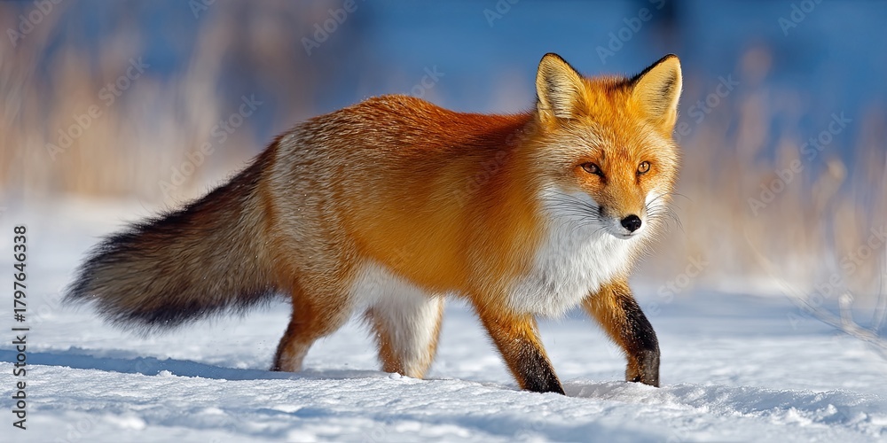 Fototapeta premium Red fox running through snowy landscape in winter, showcasing its vibrant fur and alert expression in natural habitat under clear blue sky